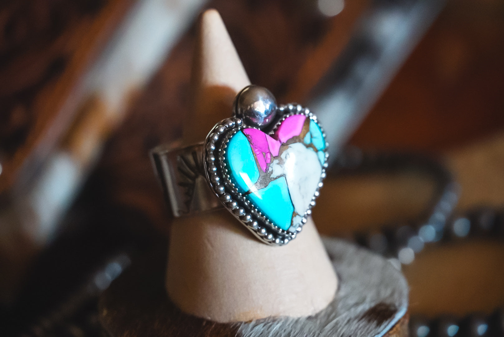 Handmade Sterling Silver Cotton Candy Dahlia Heart Ring | Western Stamped Adjustable Statement Ring