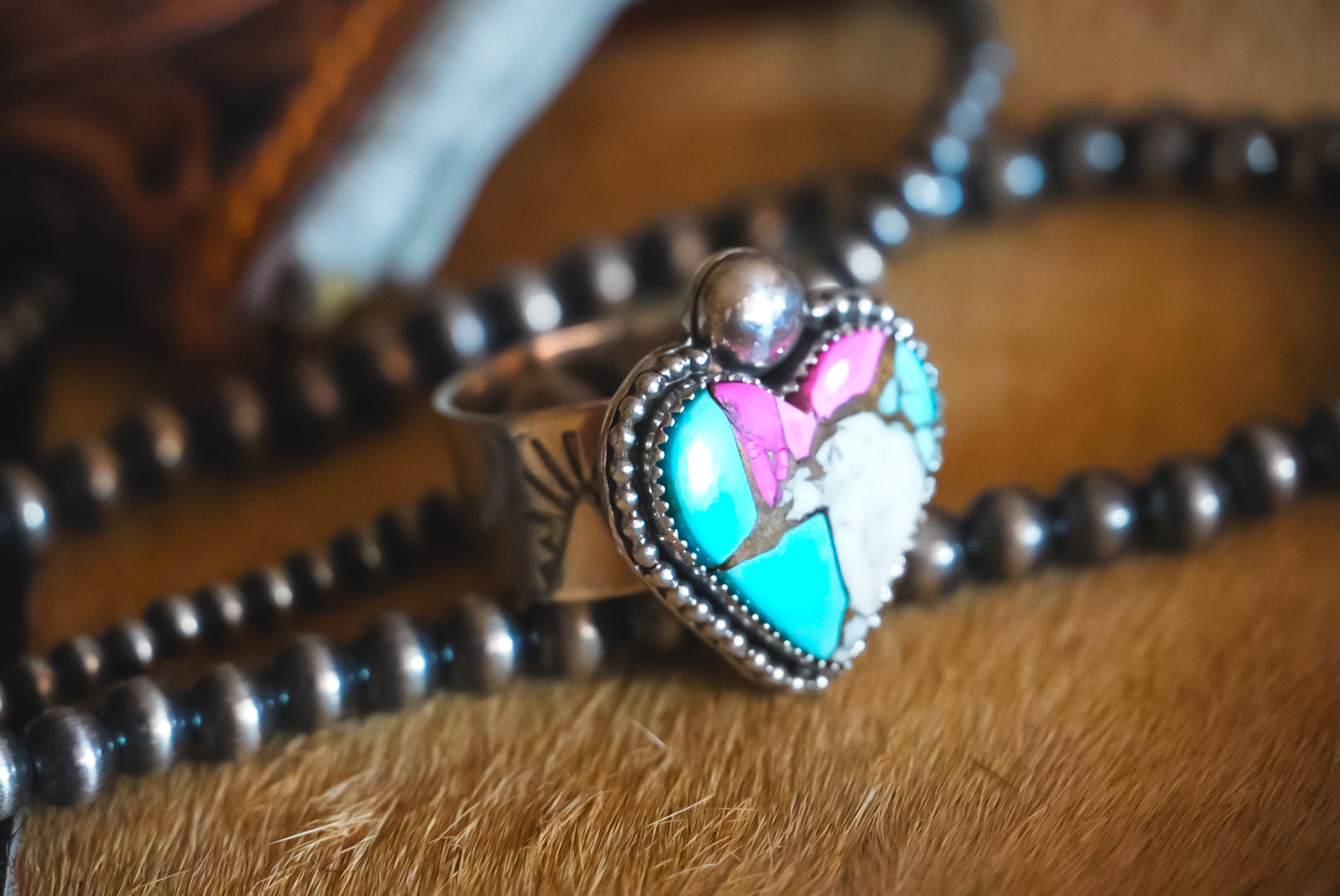 Handmade Sterling Silver Cotton Candy Dahlia Heart Ring | Western Stamped Adjustable Statement Ring