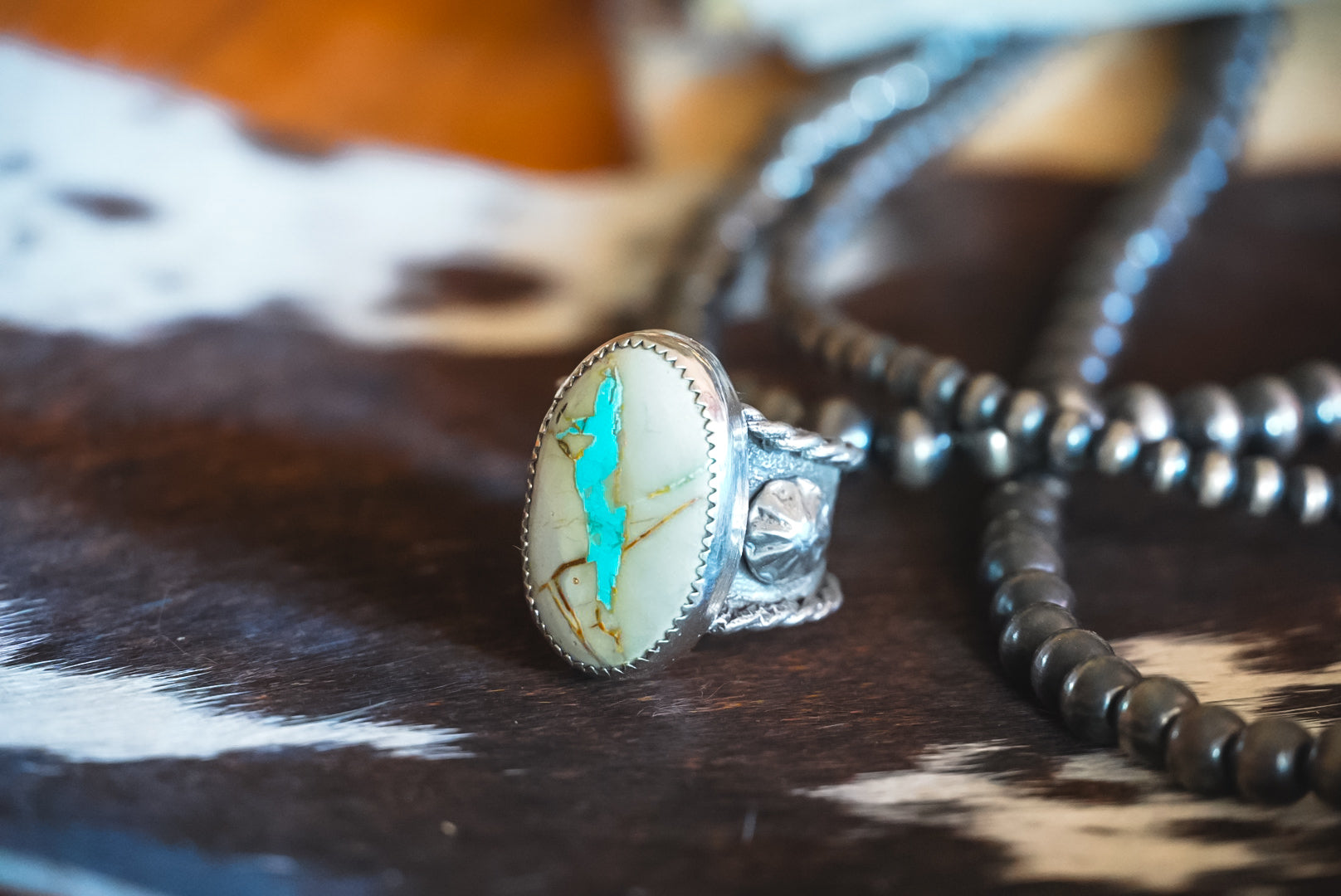 Handmade Sterling Silver Ribbon Royston Turquoise | Western Stamped Statement Ring | Size 6