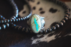 Handmade Sterling Silver Ribbon Royston Turquoise | Western Stamped Statement Ring | Size 6