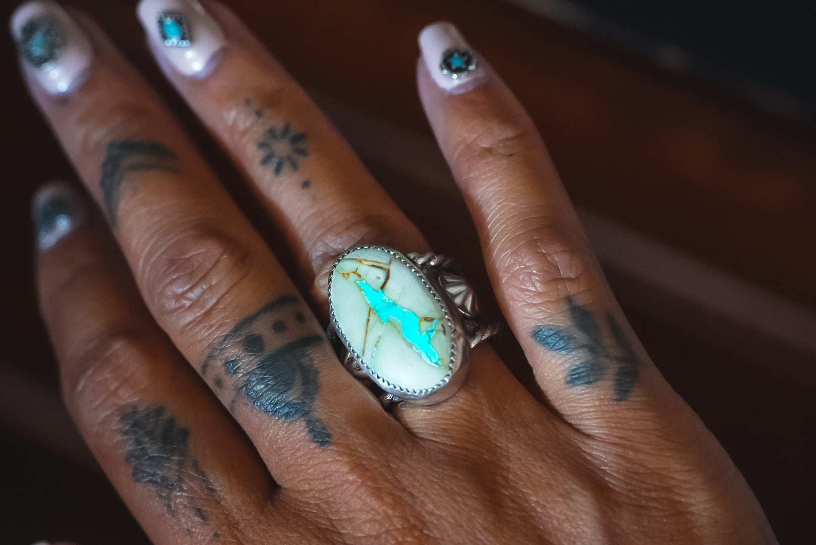 Handmade Sterling Silver Ribbon Royston Turquoise | Western Stamped Statement Ring | Size 6