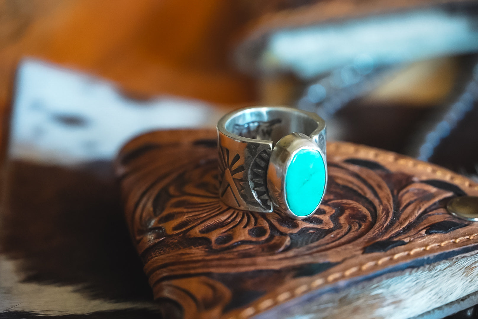 Handmade Sterling Silver Baja Turquoise Ring | Heavy-Gauge Western Stamped Statement Ring | Size 6.5