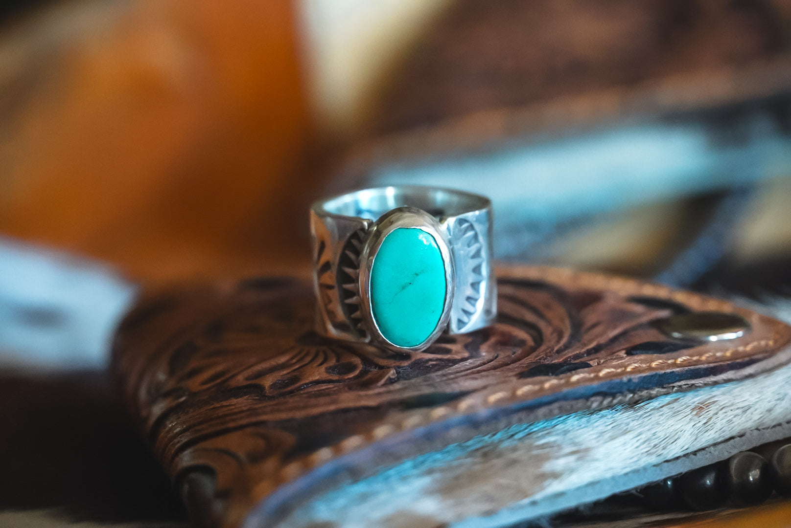 Handmade Sterling Silver Baja Turquoise Ring | Heavy-Gauge Western Stamped Statement Ring | Size 6.5