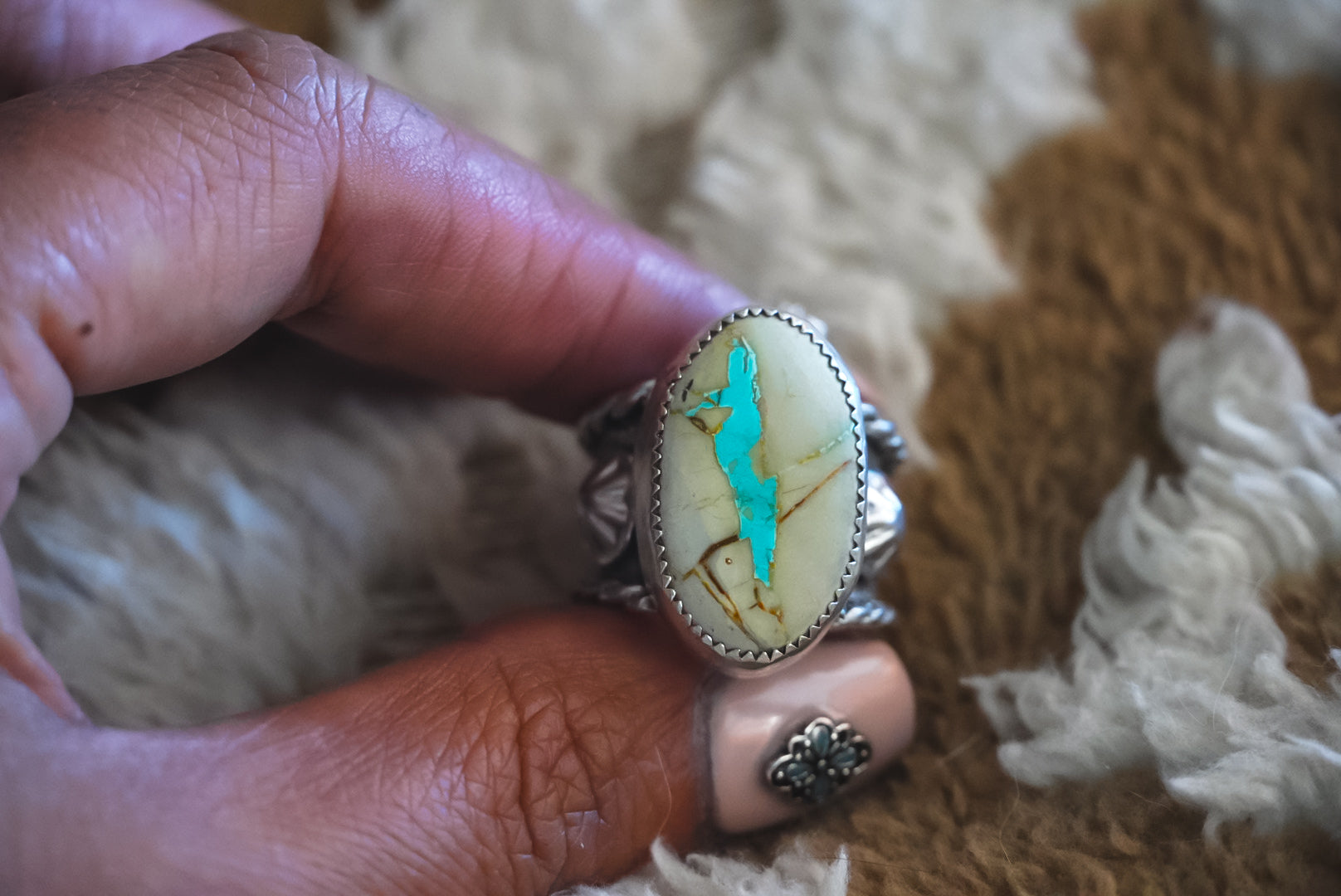Handmade Sterling Silver Ribbon Royston Turquoise | Western Stamped Statement Ring | Size 6