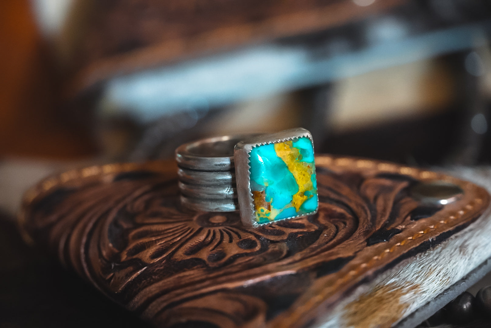 Handmade Sterling Silver Kingman Turquoise Ring | Heavy Wide-Band Statement Ring | Size 6.75