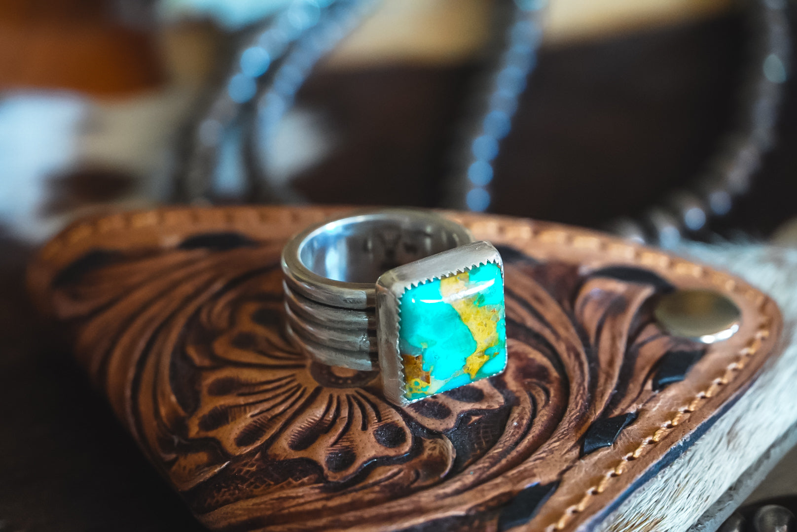 Handmade Sterling Silver Kingman Turquoise Ring | Heavy Wide-Band Statement Ring | Size 6.75