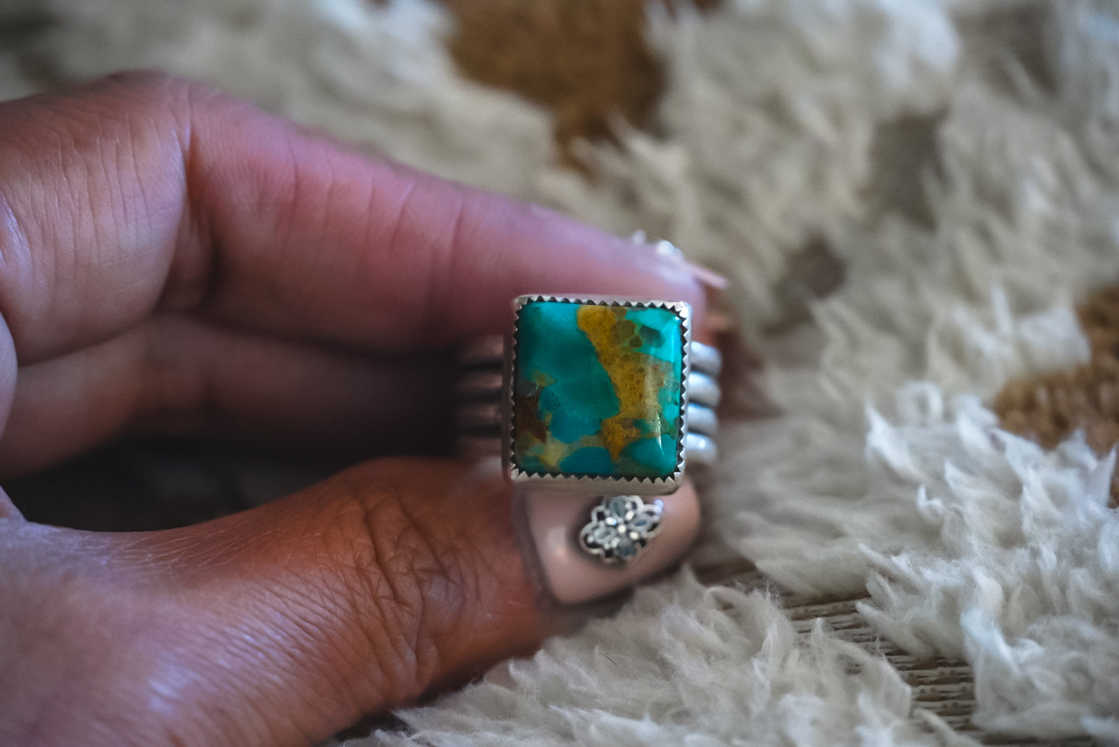Handmade Sterling Silver Kingman Turquoise Ring | Heavy Wide-Band Statement Ring | Size 6.75