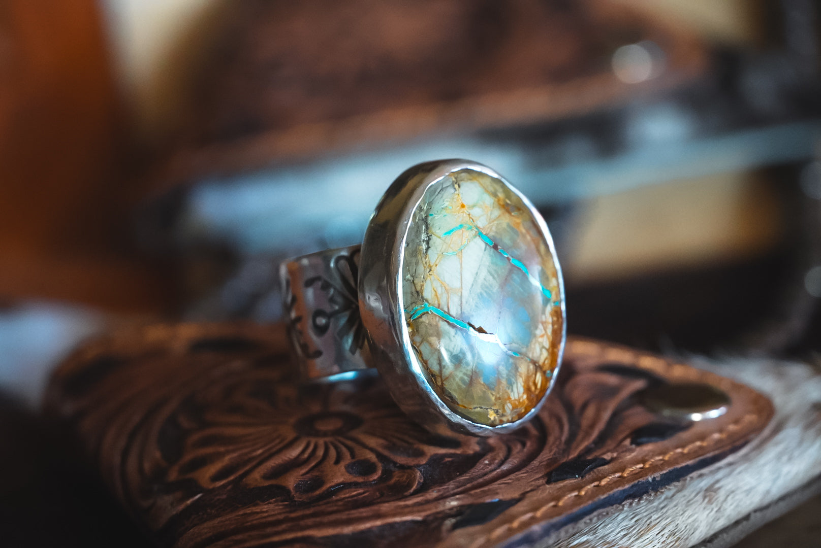 Handmade Sterling Silver Ribbon Royston Turquoise Ring | Heavy Wide-Band Statement Ring | Size 11