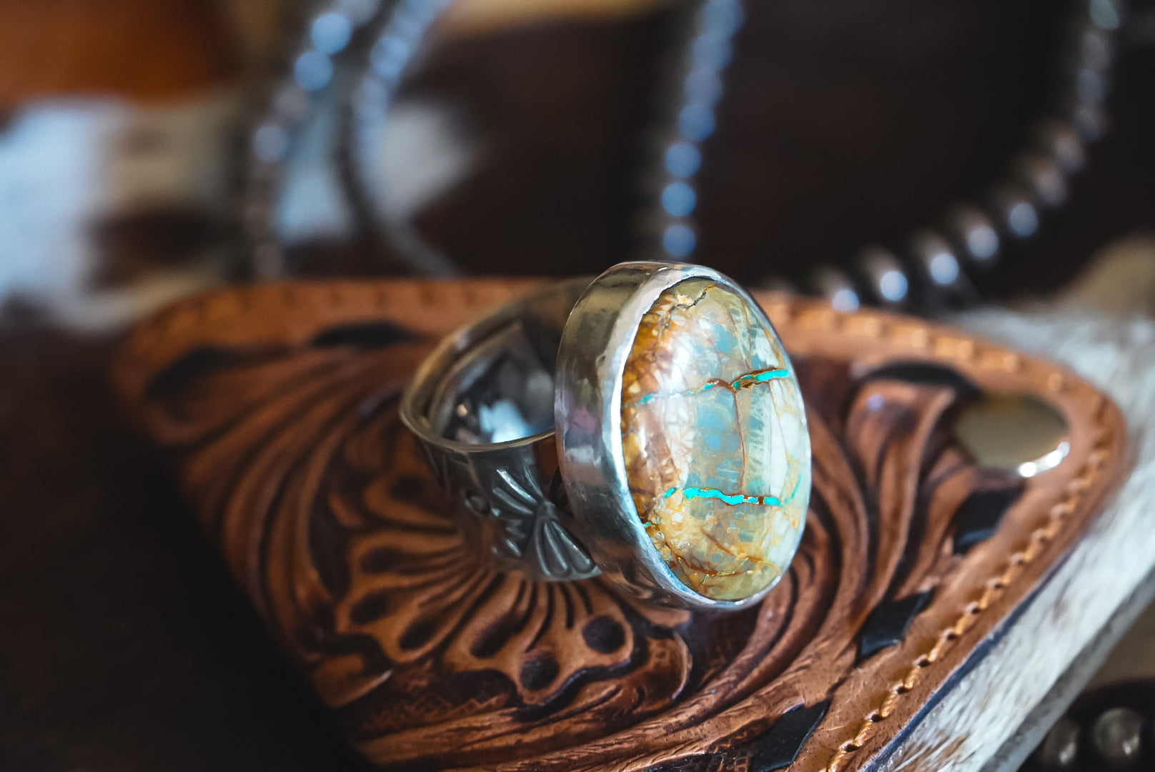 Handmade Sterling Silver Ribbon Royston Turquoise Ring | Heavy Wide-Band Statement Ring | Size 11