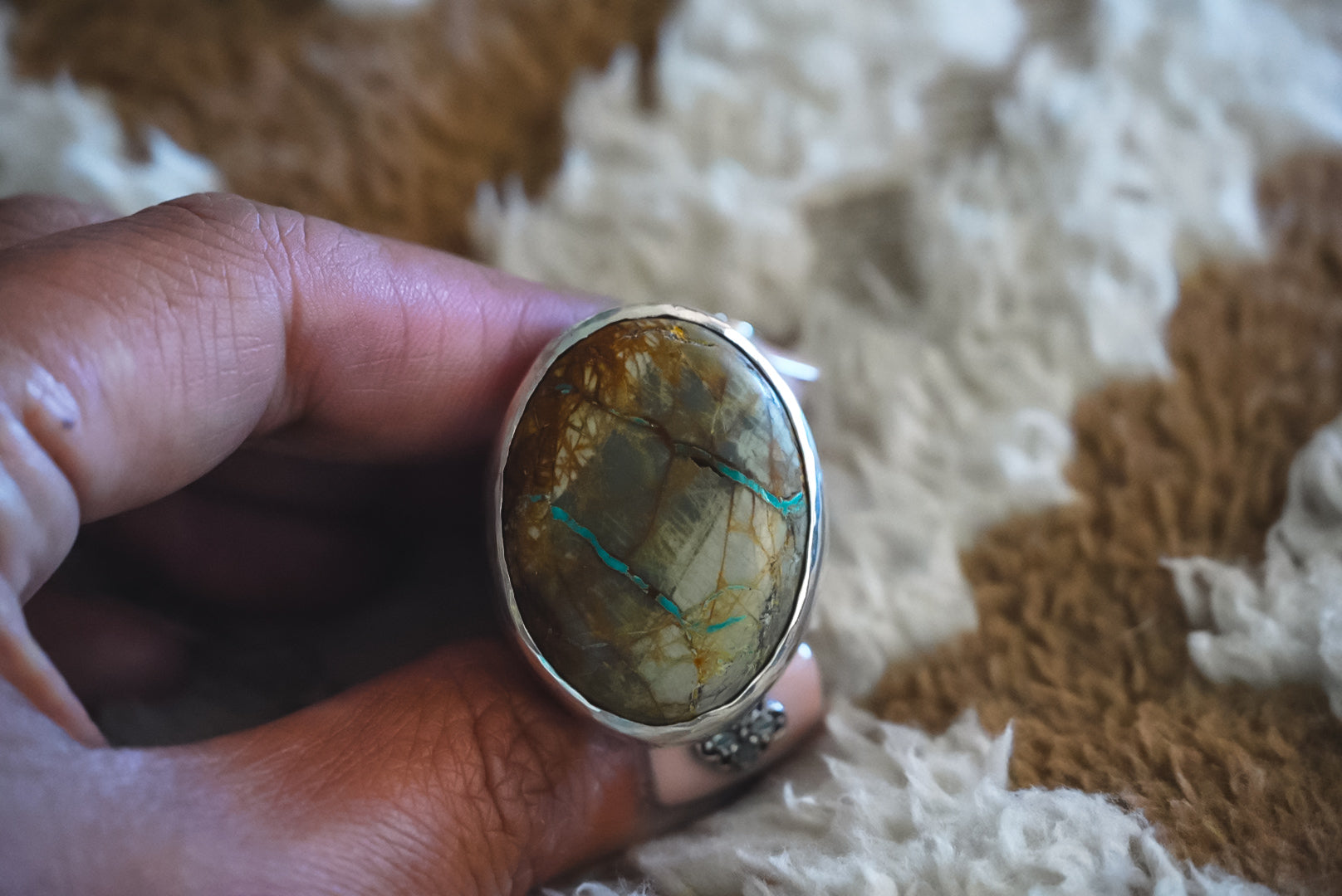 Handmade Sterling Silver Ribbon Royston Turquoise Ring | Heavy Wide-Band Statement Ring | Size 11