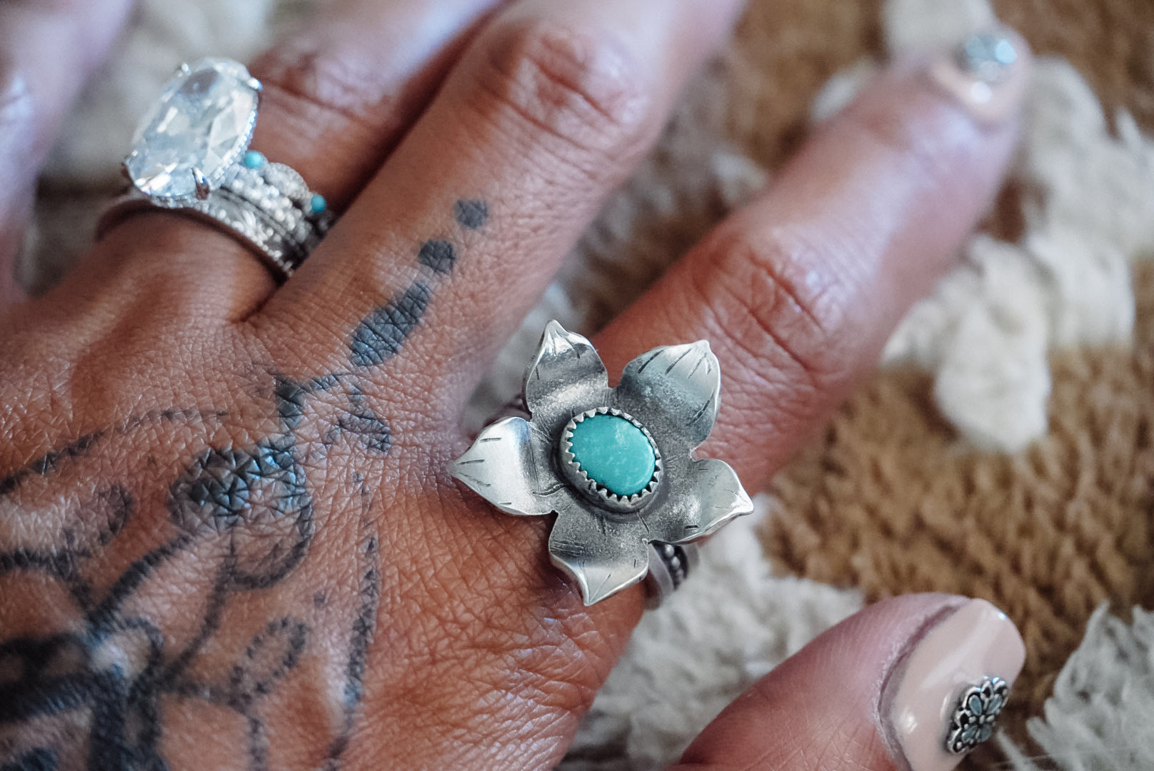 Custom Handmade Sterling Silver Sampaguita Flower Ring | Turquoise Filipino Heritage Statement Ring | Made to Order