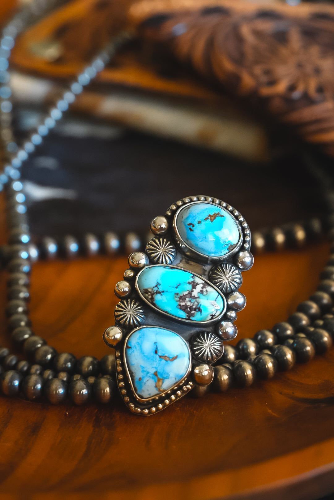 Handmade Sterling Silver Golden Hills Turquoise Ring | Heavy Three-Stone Western Statement Ring | Adjustable