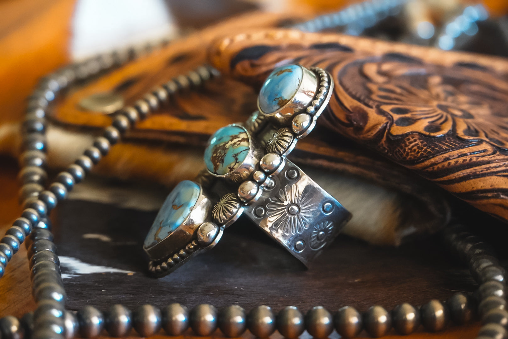 Handmade Sterling Silver Golden Hills Turquoise Ring | Heavy Three-Stone Western Statement Ring | Adjustable