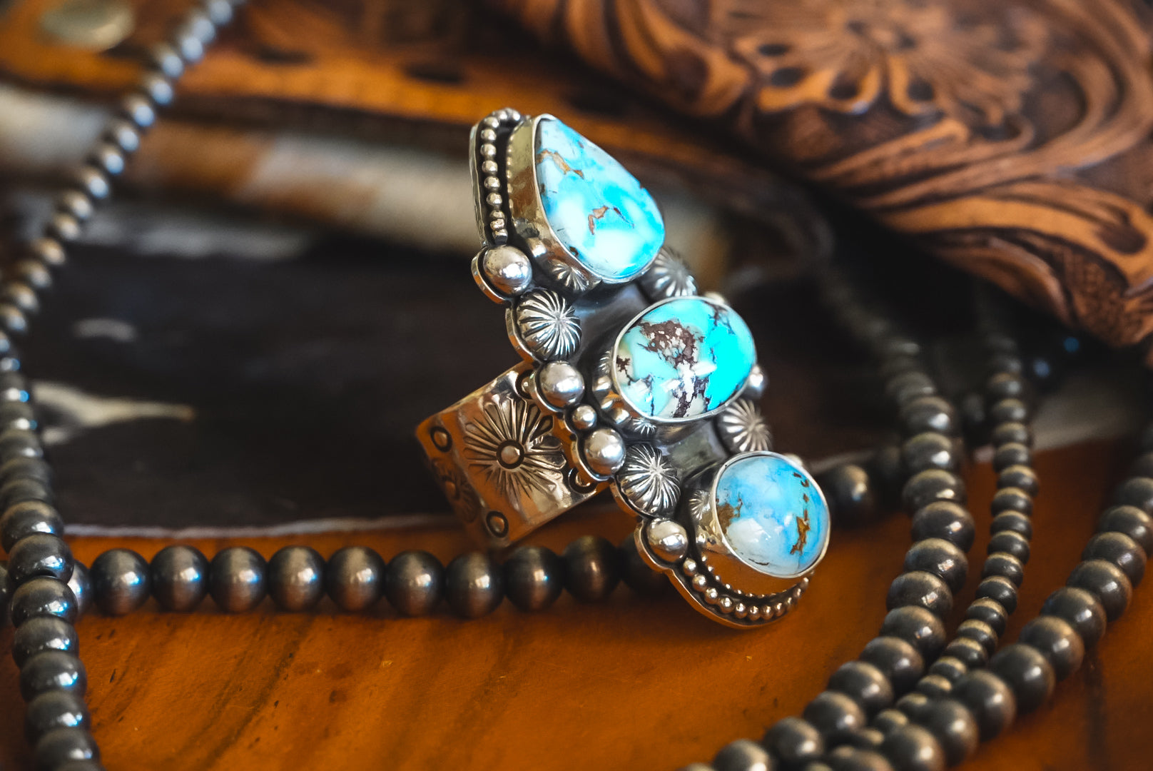 Handmade Sterling Silver Golden Hills Turquoise Ring | Heavy Three-Stone Western Statement Ring | Adjustable