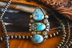 Handmade Sterling Silver Golden Hills Turquoise Ring | Heavy Three-Stone Western Statement Ring | Adjustable