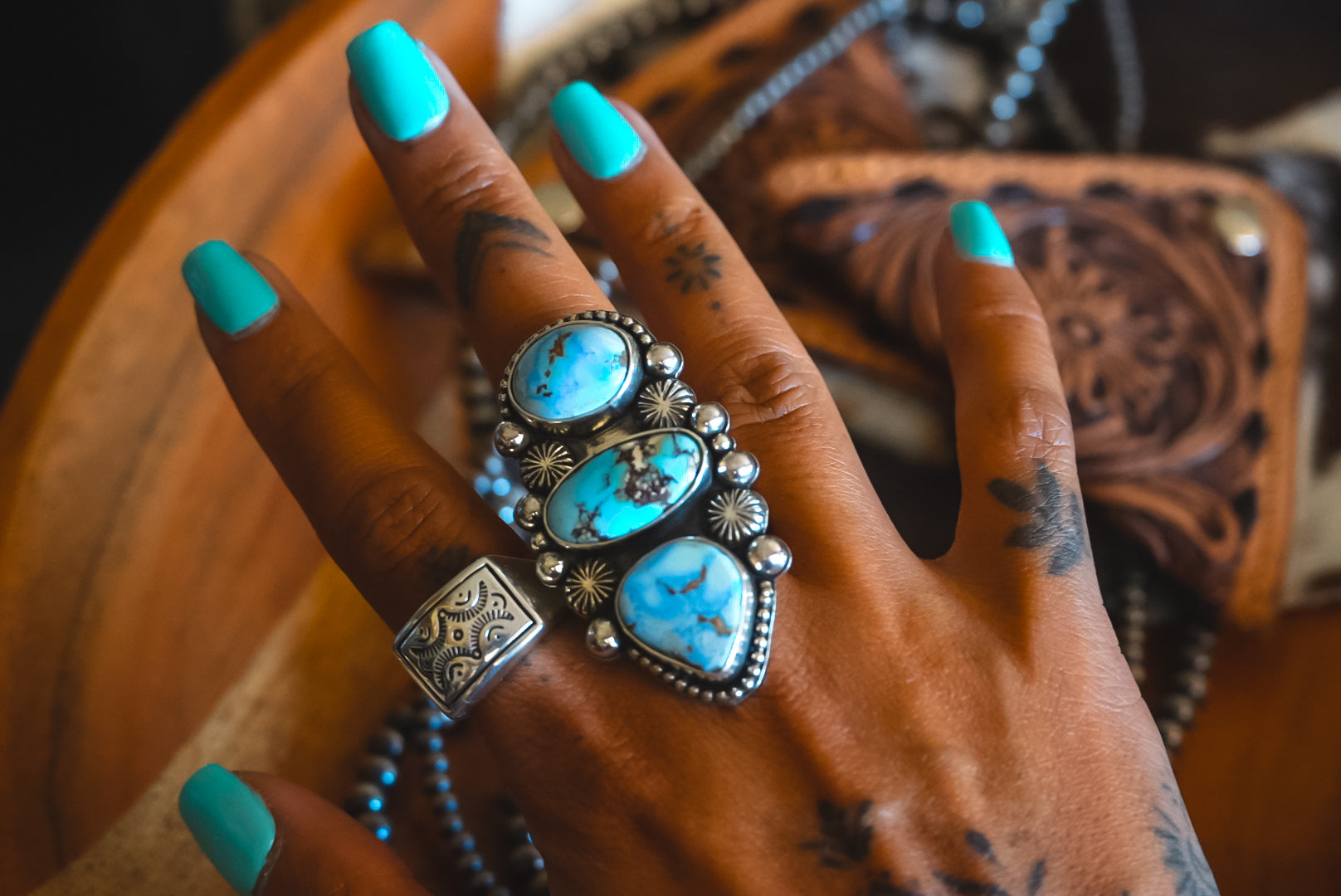 Handmade Sterling Silver Golden Hills Turquoise Ring | Heavy Three-Stone Western Statement Ring | Adjustable