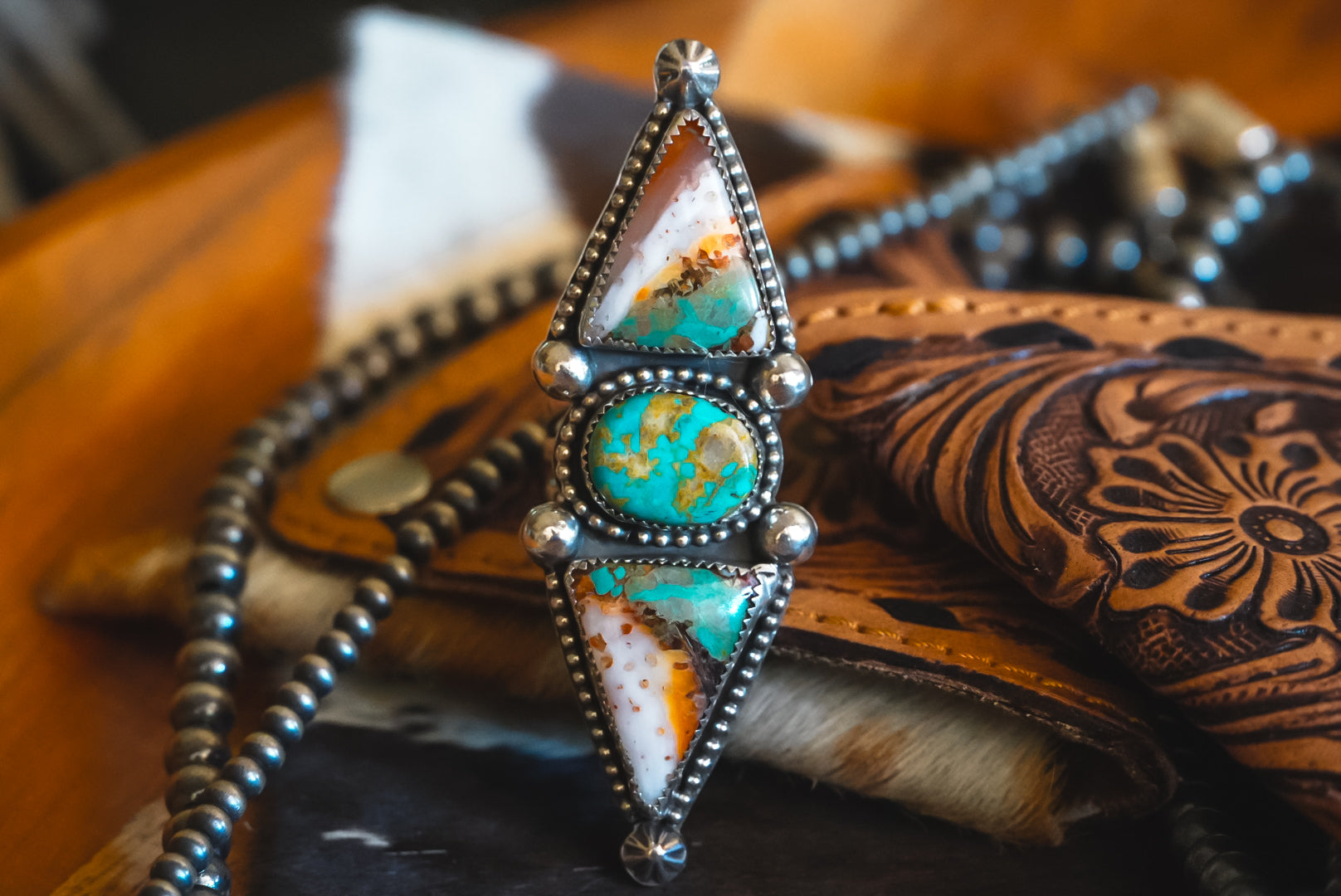 Handmade Sterling Silver Spiny Oyster Composite and Royston Turquoise Ring | Three-Stone Western Statement Ring | 7.75