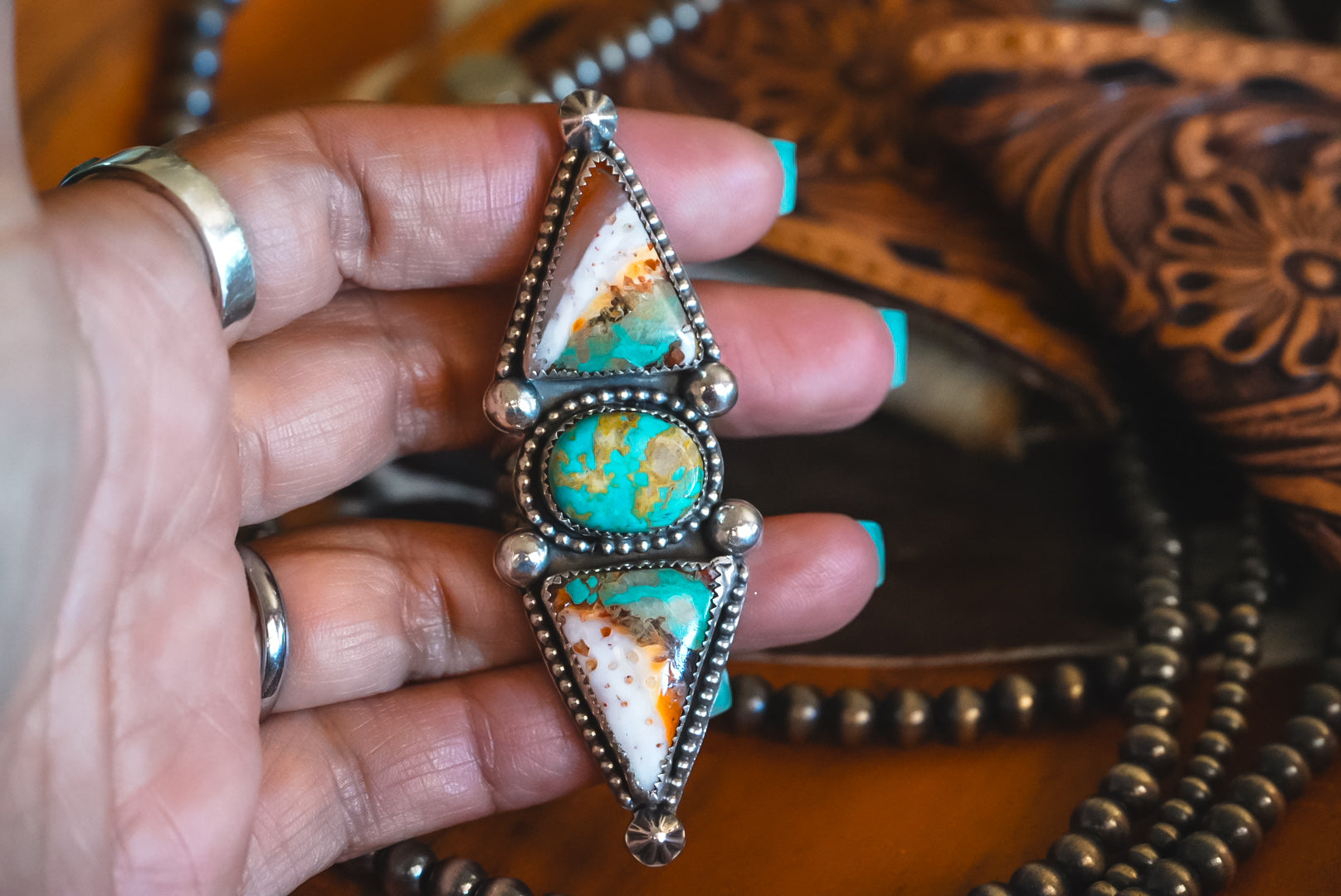 Handmade Sterling Silver Spiny Oyster Composite and Royston Turquoise Ring | Three-Stone Western Statement Ring | 7.75