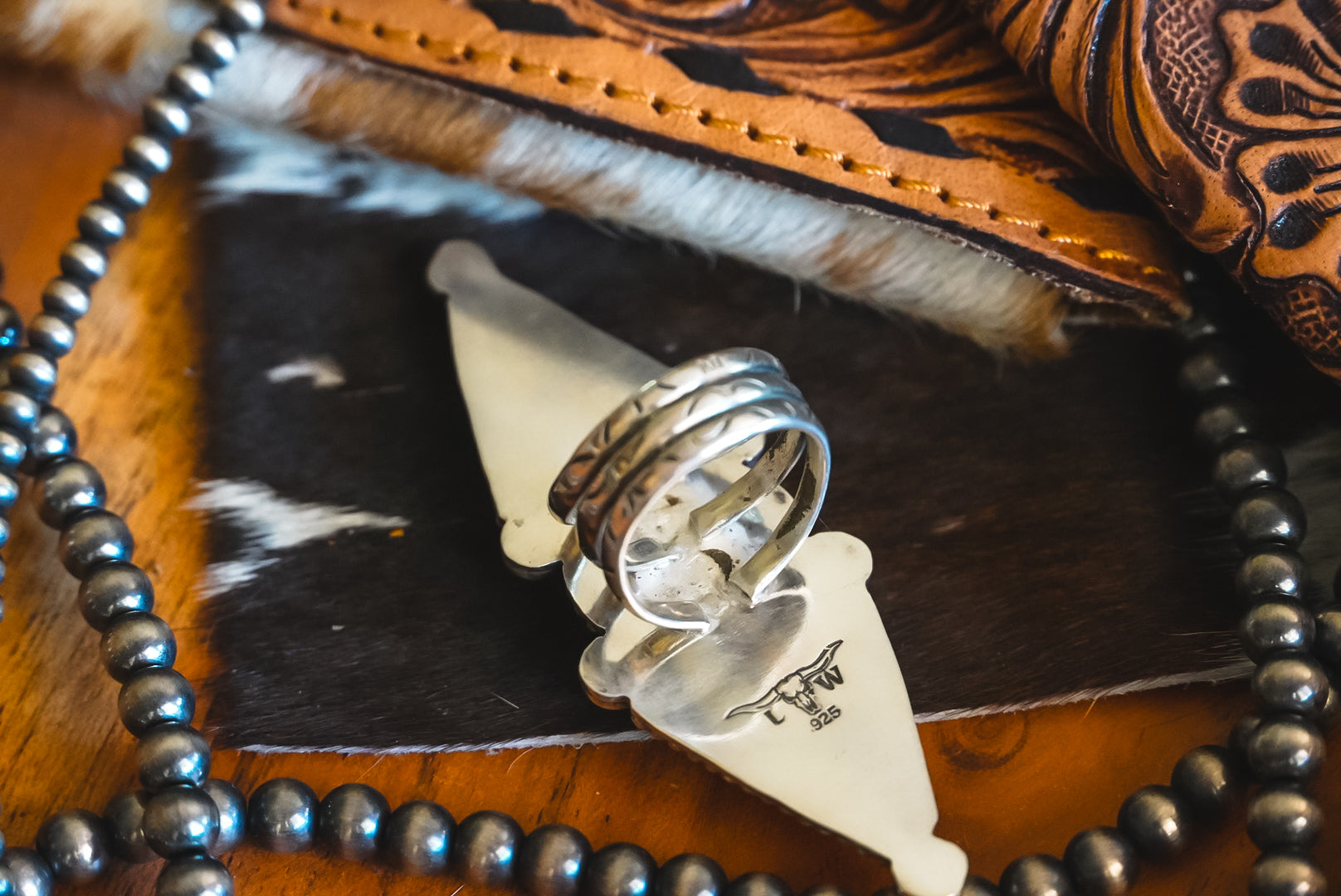 Handmade Sterling Silver Spiny Oyster Composite and Royston Turquoise Ring | Three-Stone Western Statement Ring | 7.75