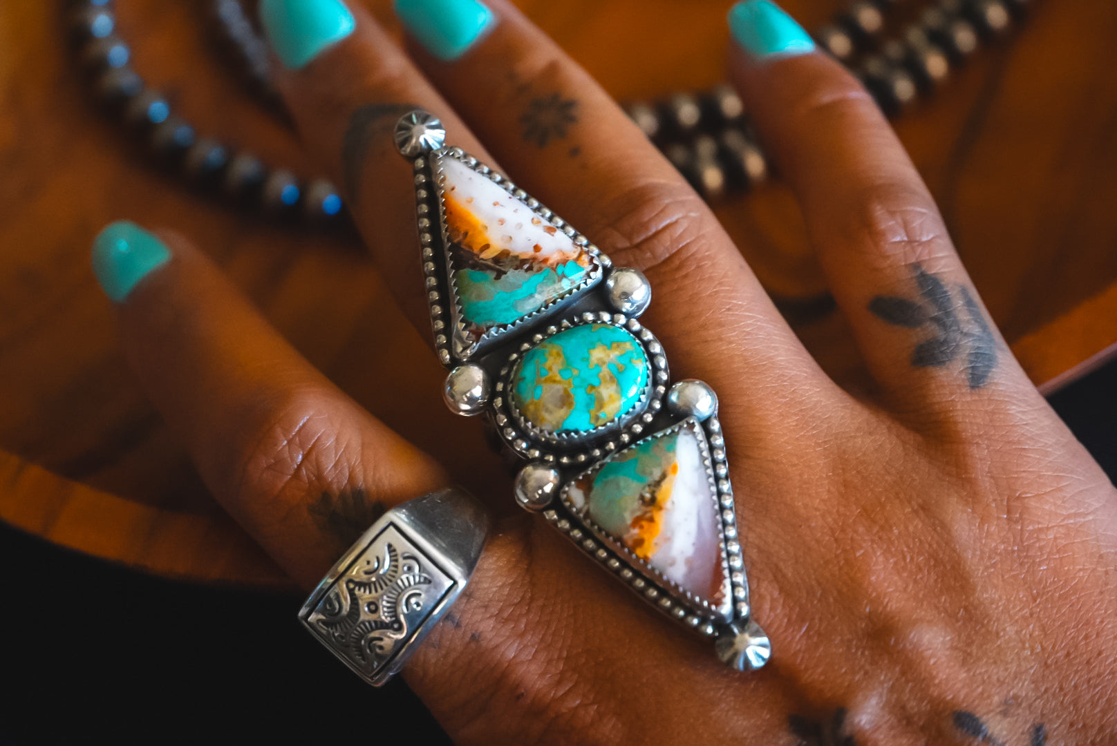 Handmade Sterling Silver Spiny Oyster Composite and Royston Turquoise Ring | Three-Stone Western Statement Ring | 7.75