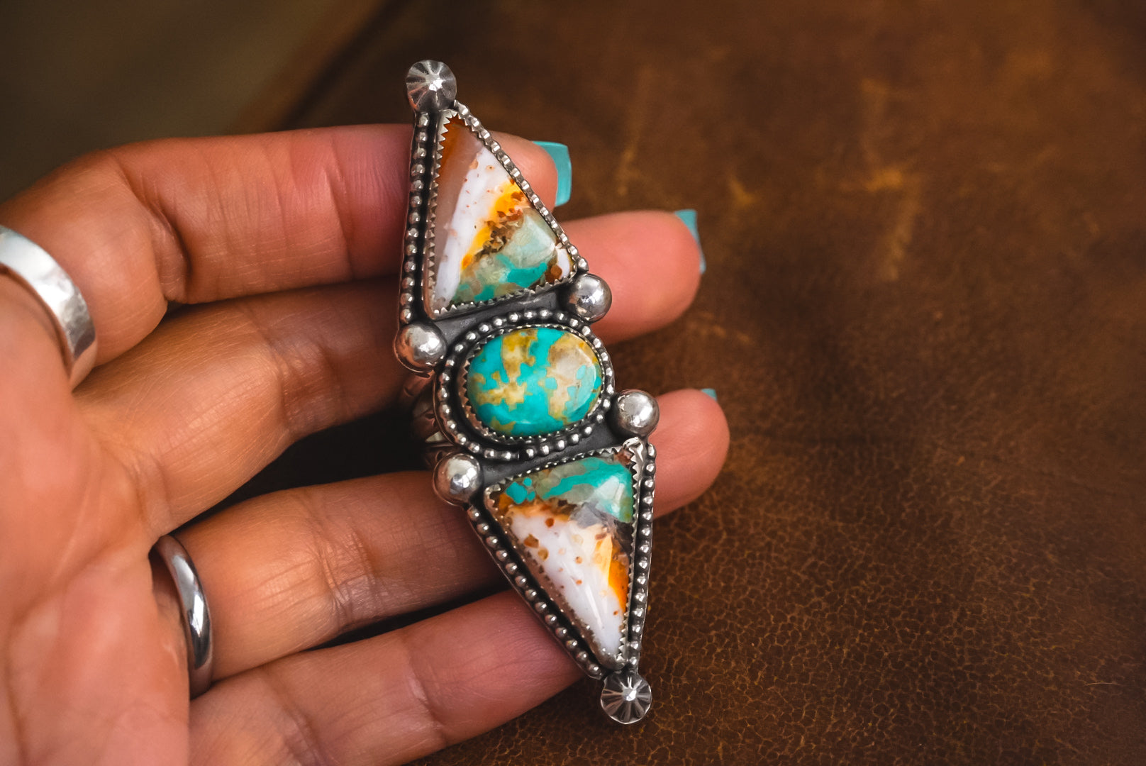 Handmade Sterling Silver Spiny Oyster Composite and Royston Turquoise Ring | Three-Stone Western Statement Ring | 7.75