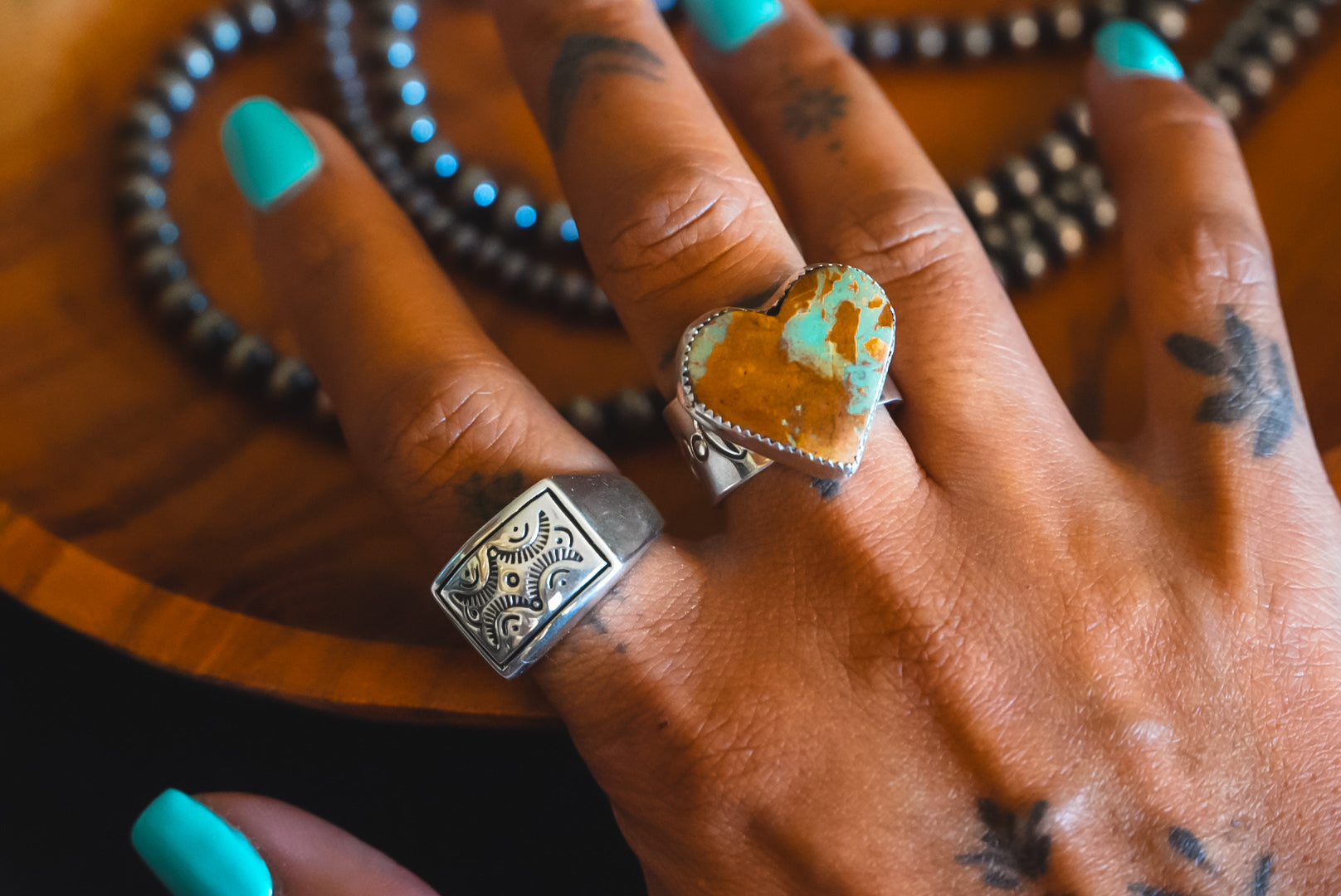 Handmade Sterling Silver Royston Turquoise Heart Ring | Wide-Band Western Statement Ring | Size 7.5