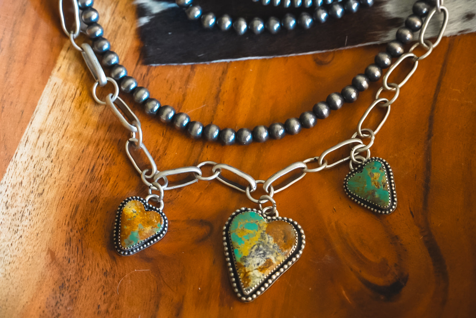 Handmade Sterling Silver Royston Turquoise Heart Necklace | Three-Pendant Western Statement Necklace | 17.5-Inch Handmade Chain