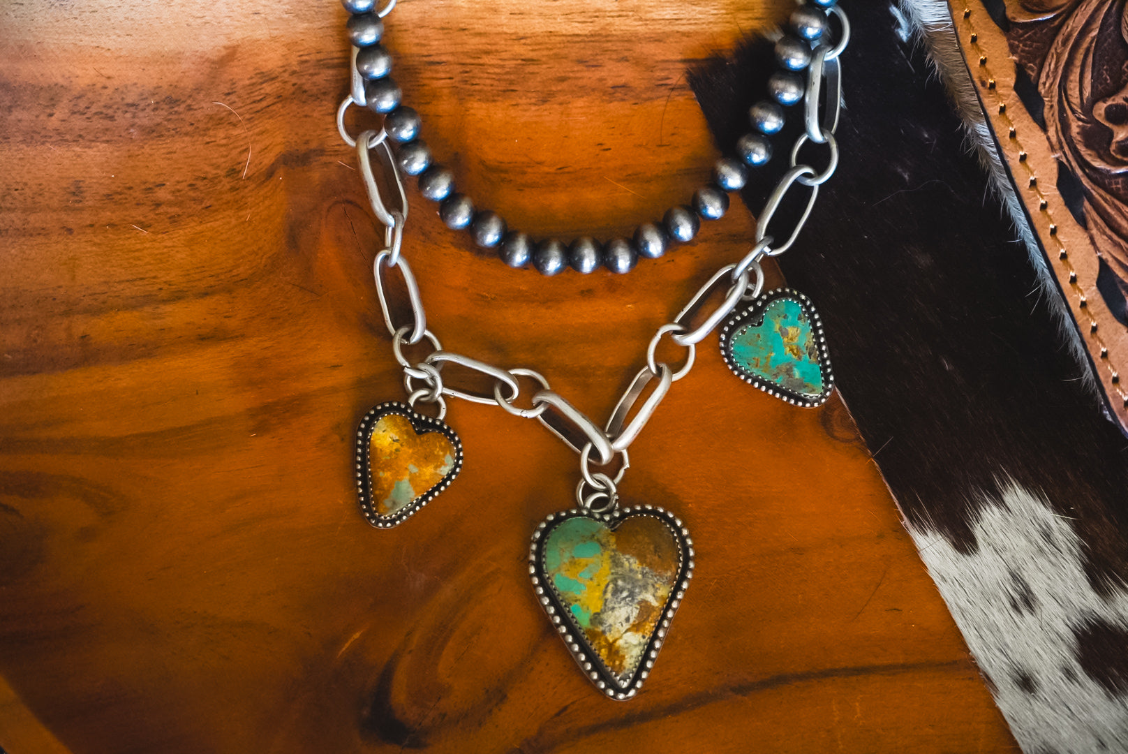 Handmade Sterling Silver Royston Turquoise Heart Necklace | Three-Pendant Western Statement Necklace | 17.5-Inch Handmade Chain