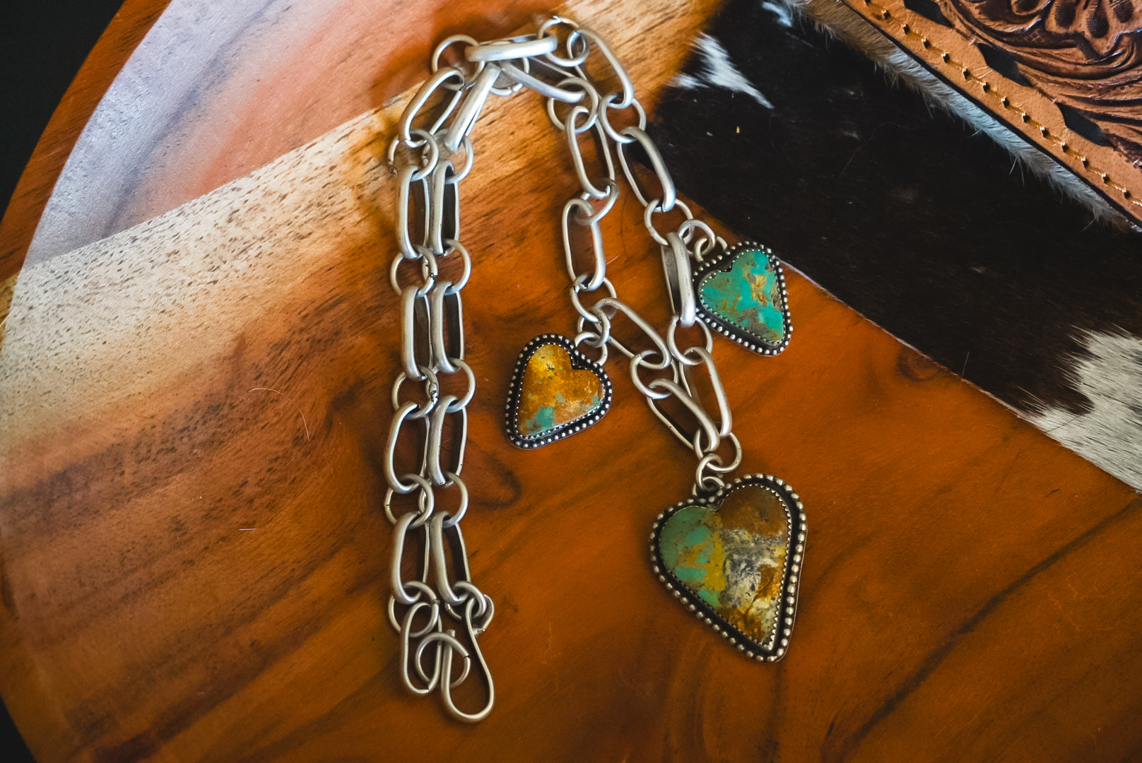 Handmade Sterling Silver Royston Turquoise Heart Necklace | Three-Pendant Western Statement Necklace | 17.5-Inch Handmade Chain