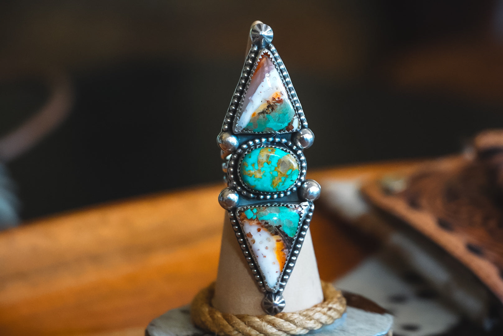 Handmade Sterling Silver Spiny Oyster Composite and Royston Turquoise Ring | Three-Stone Western Statement Ring | 7.75