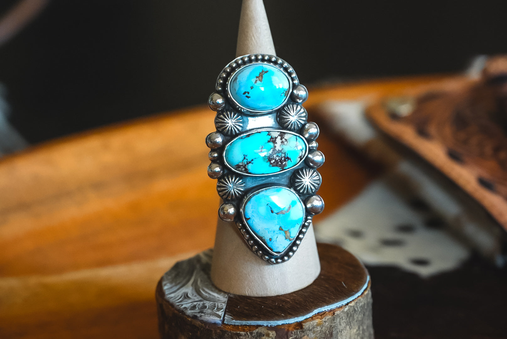 Handmade Sterling Silver Golden Hills Turquoise Ring | Heavy Three-Stone Western Statement Ring | Adjustable