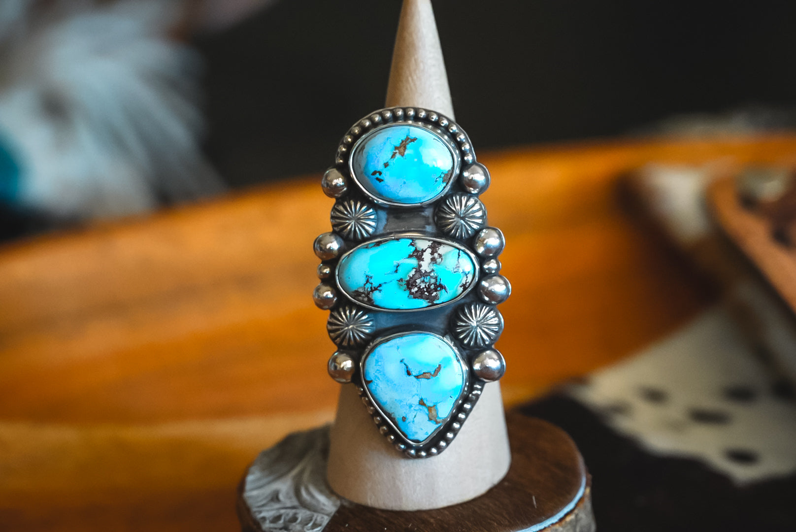 Handmade Sterling Silver Golden Hills Turquoise Ring | Heavy Three-Stone Western Statement Ring | Adjustable