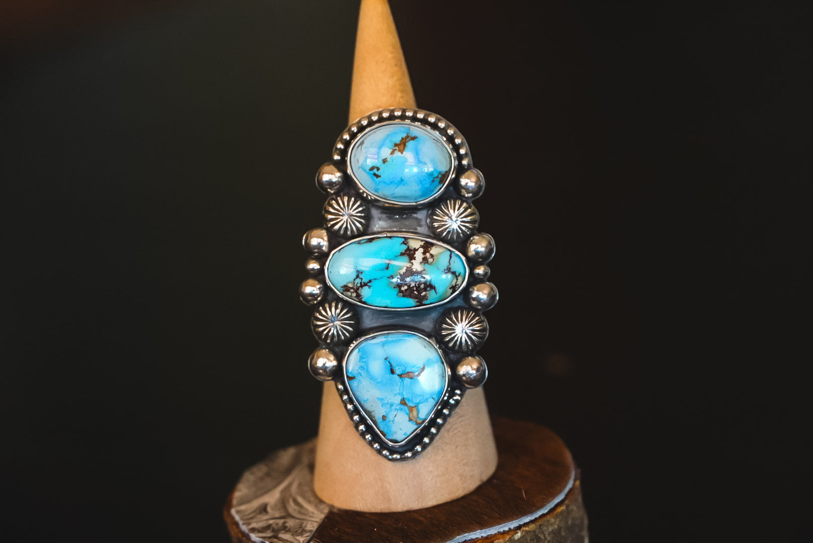 Handmade Sterling Silver Golden Hills Turquoise Ring | Heavy Three-Stone Western Statement Ring | Adjustable
