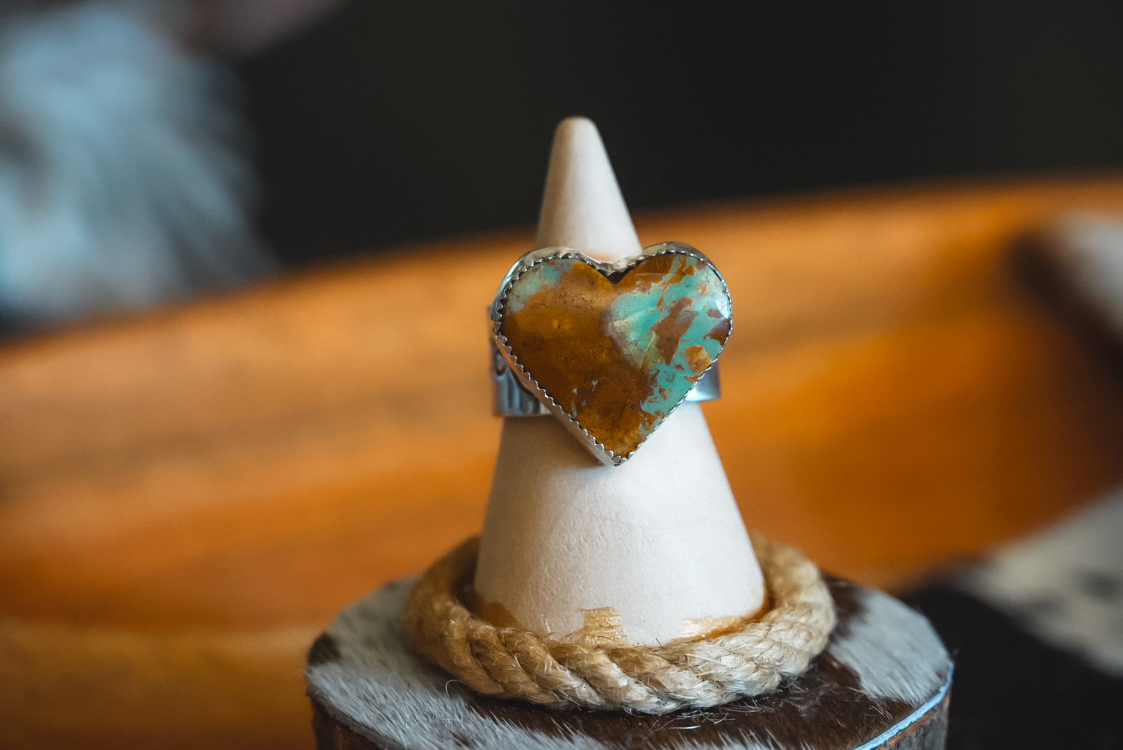 Handmade Sterling Silver Royston Turquoise Heart Ring | Wide-Band Western Statement Ring | Size 7.5