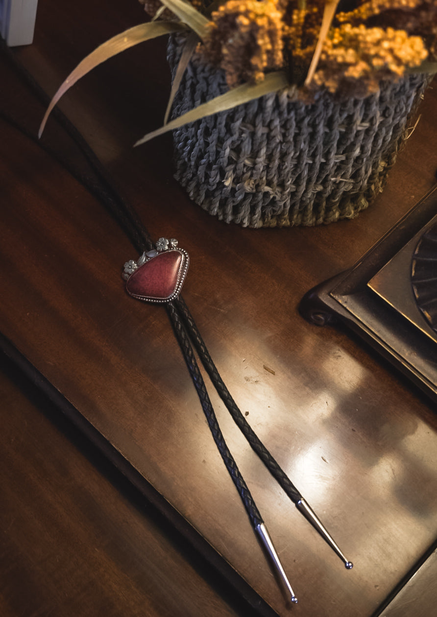 Handmade Sterling Silver Red Jasper Bolo Tie | Floral Western Statement Bolo | 36"