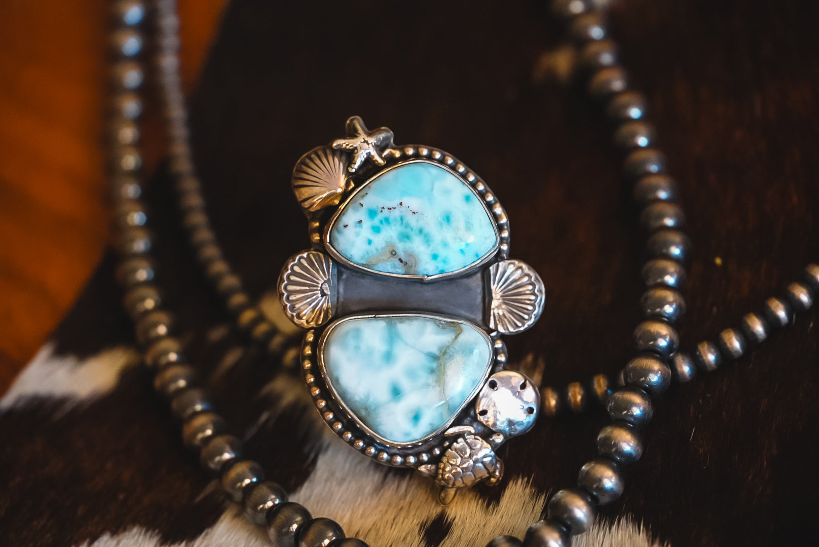 Heirloom Weight Handmade Sterling Silver Double Larimar Ring | Western Statement Ring | Size 9.25