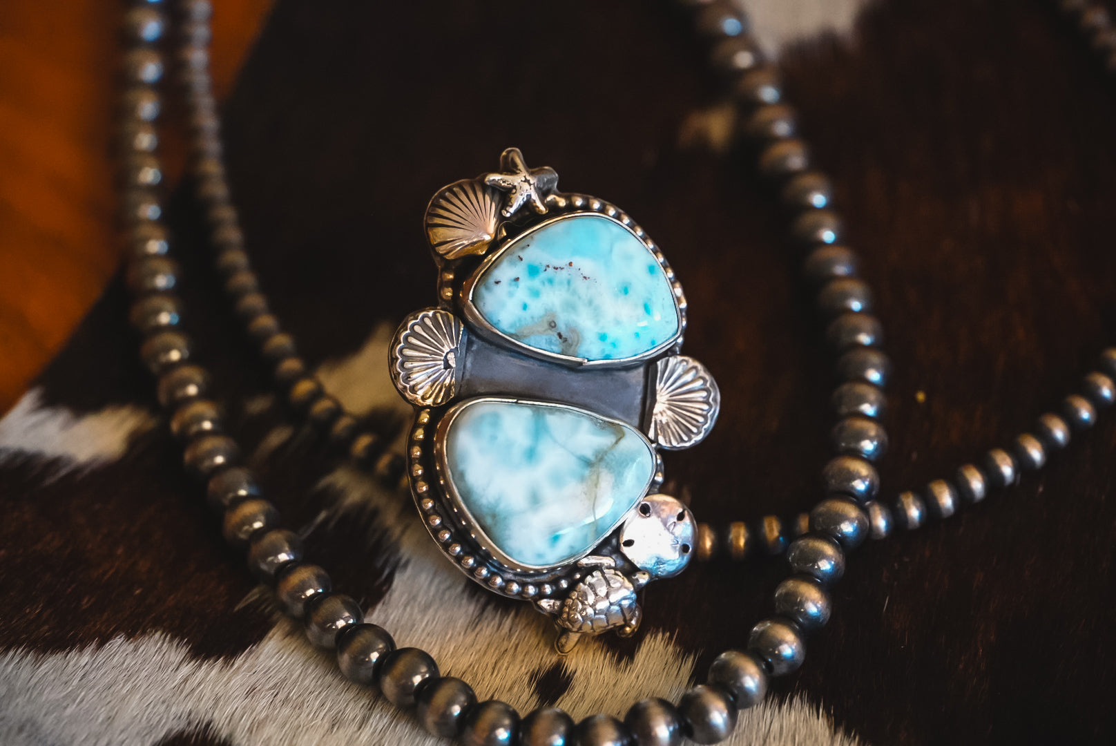 Heirloom Weight Handmade Sterling Silver Double Larimar Ring | Western Statement Ring | Size 9.25