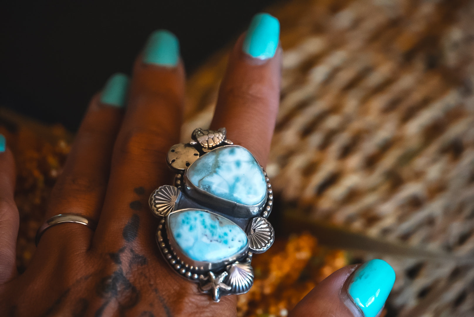 Heirloom Weight Handmade Sterling Silver Double Larimar Ring | Western Statement Ring | Size 9.25