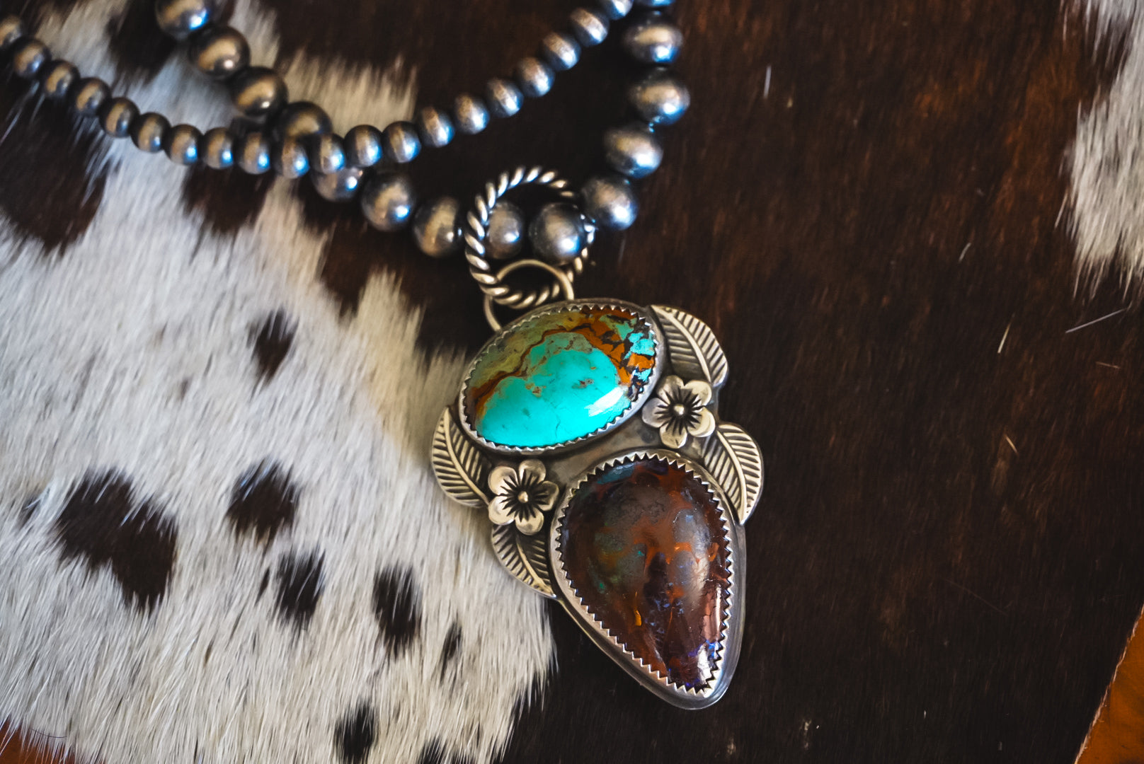 Heirloom Weight Handmade Sterling Silver Australian Boulder Opal & Baja Turquoise Pendant | Western Statement Pendant