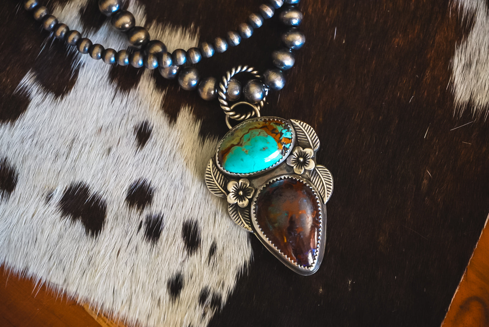 Heirloom Weight Handmade Sterling Silver Australian Boulder Opal & Baja Turquoise Pendant | Western Statement Pendant