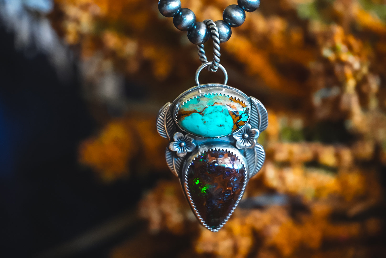 Heirloom Weight Handmade Sterling Silver Australian Boulder Opal & Baja Turquoise Pendant | Western Statement Pendant