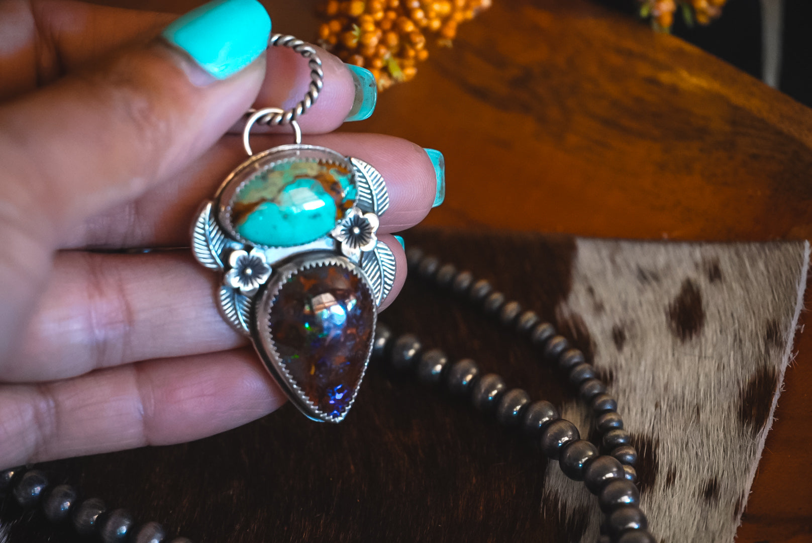 Heirloom Weight Handmade Sterling Silver Australian Boulder Opal & Baja Turquoise Pendant | Western Statement Pendant