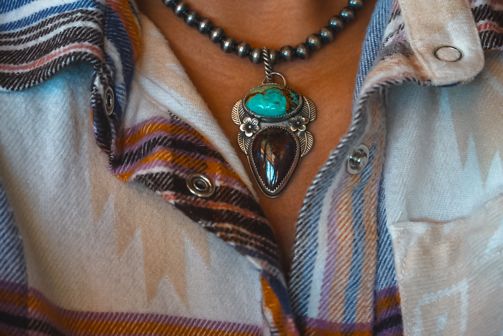 Heirloom Weight Handmade Sterling Silver Australian Boulder Opal & Baja Turquoise Pendant | Western Statement Pendant