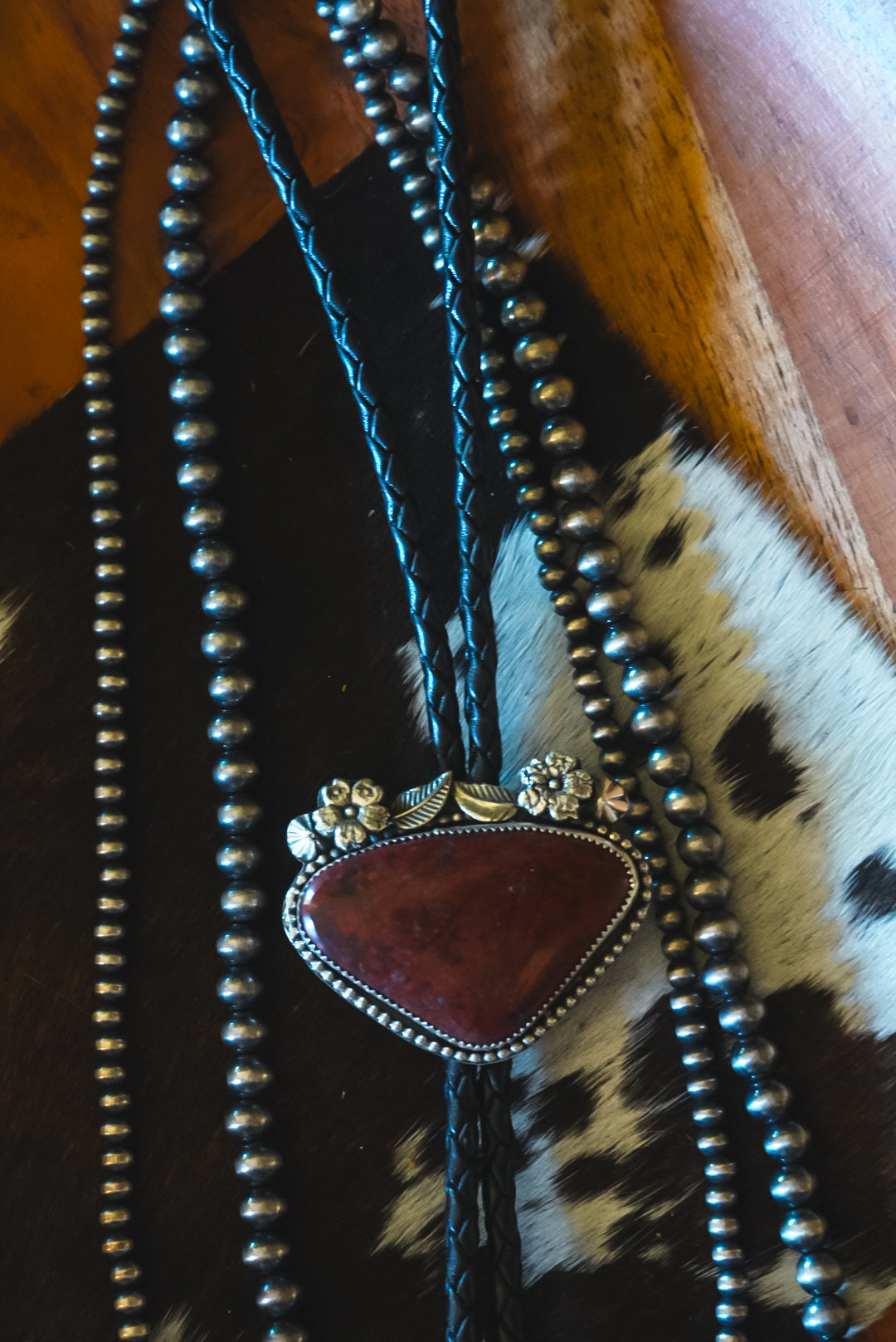 Handmade Sterling Silver Red Jasper Bolo Tie | Floral Western Statement Bolo | 36"