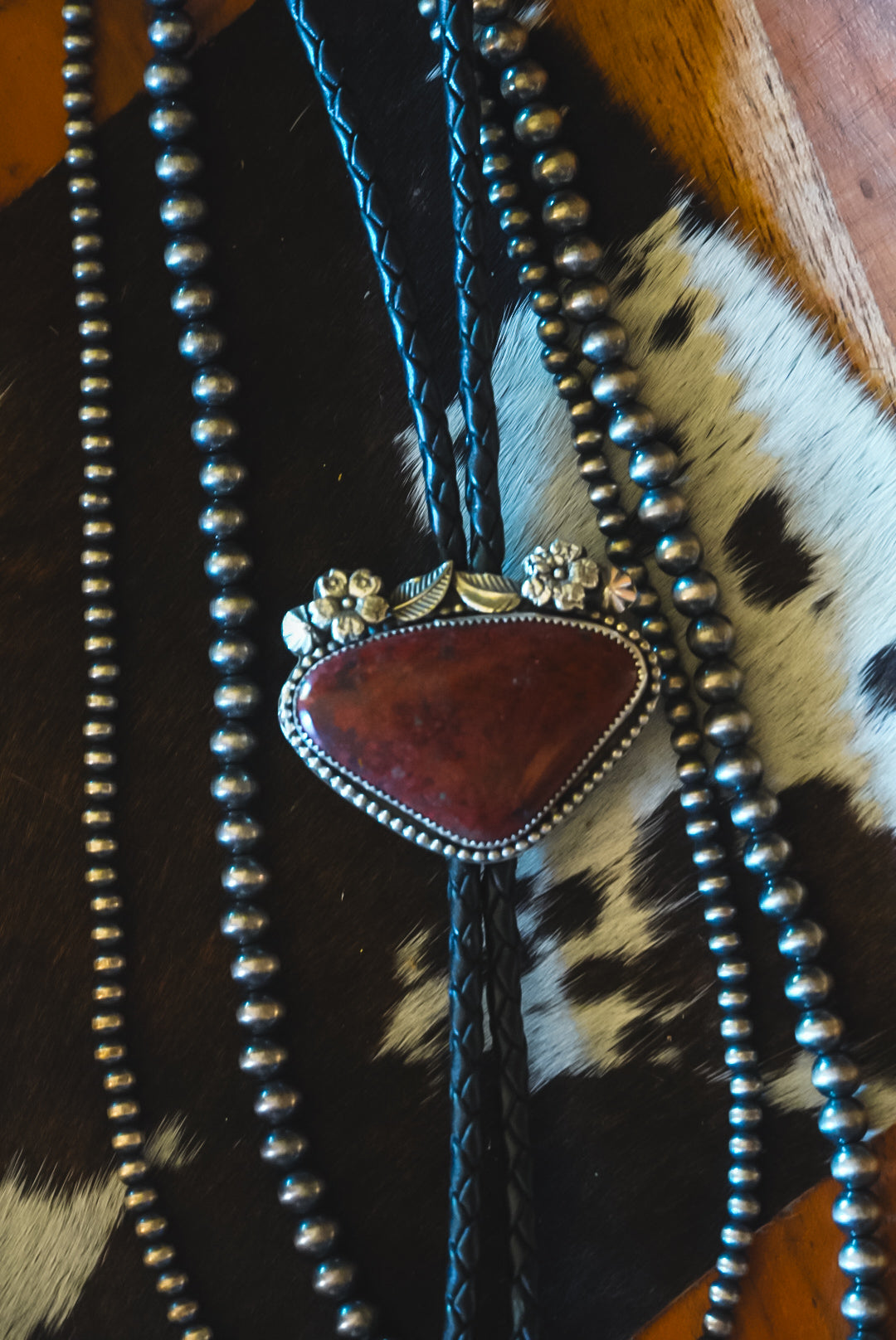 Handmade Sterling Silver Red Jasper Bolo Tie | Floral Western Statement Bolo | 36"
