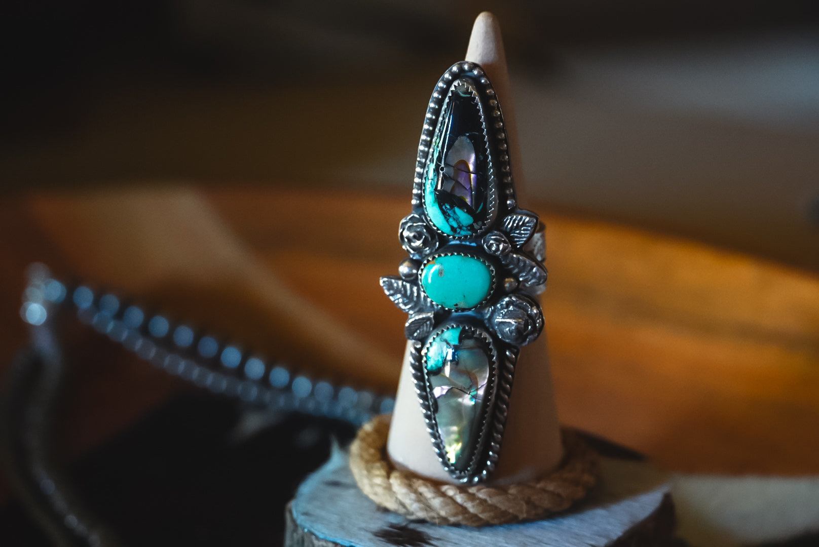 Heirloom Weight Handmade Sterling Silver Abalone Shell & Baja Turquoise Ring | Wide-Band Western Ring | Size 9