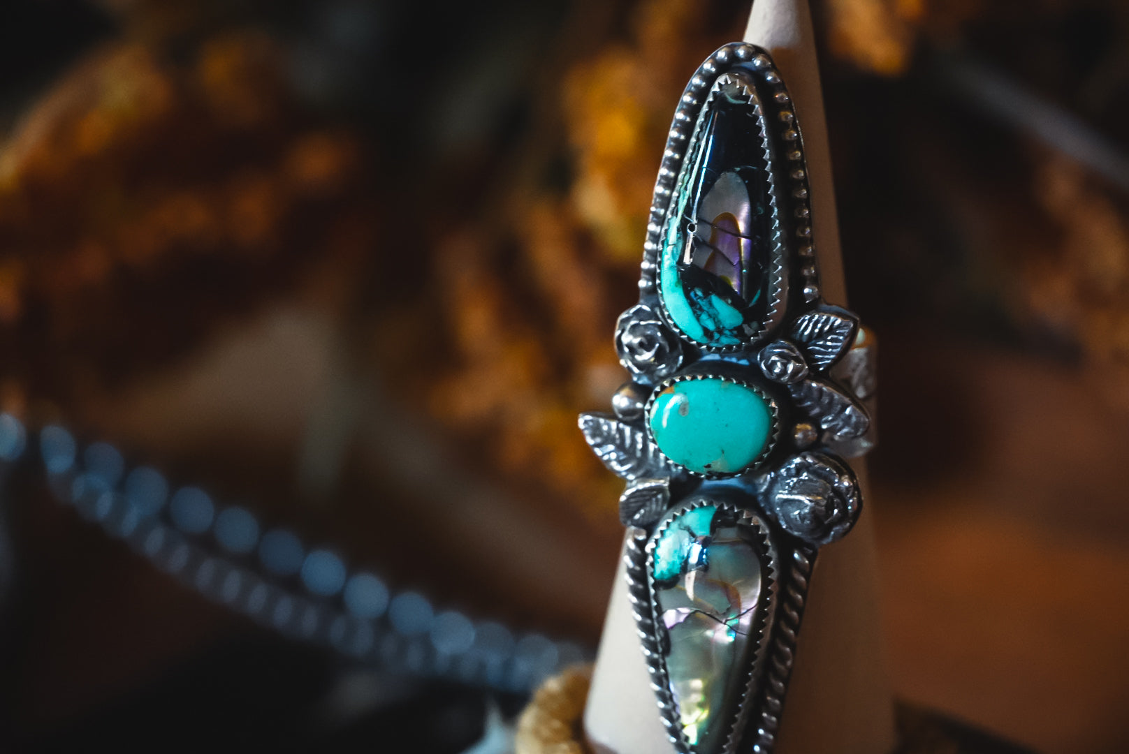 Heirloom Weight Handmade Sterling Silver Abalone Shell & Baja Turquoise Ring | Wide-Band Western Ring | Size 9