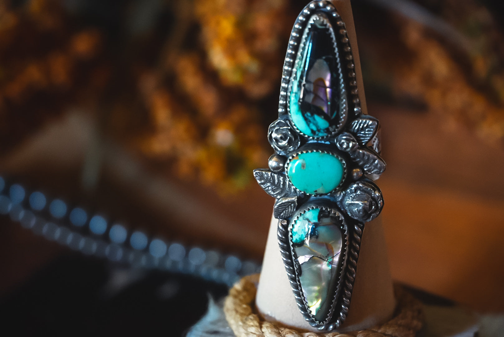 Heirloom Weight Handmade Sterling Silver Abalone Shell & Baja Turquoise Ring | Wide-Band Western Ring | Size 9
