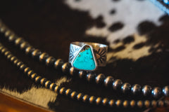 Everyday Weight Handmade Sterling Silver Royston Turquoise Ring | Hand-Stamped Wide-Band Western Ring | Size 8