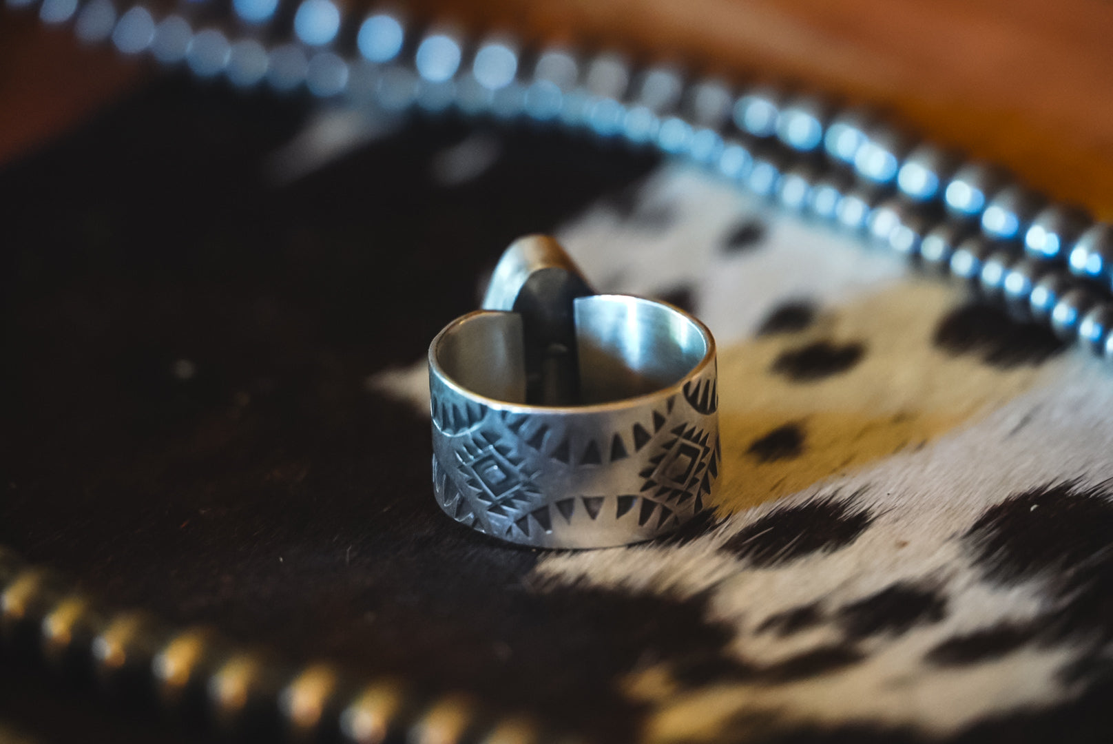 Everyday Weight Handmade Sterling Silver Royston Turquoise Ring | Hand-Stamped Wide-Band Western Ring | Size 8